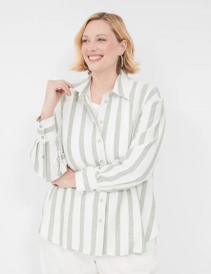 Olive Stripes Lane Bryant Relaxed Linen Button-Down Women Shirts | NBS5298FJ