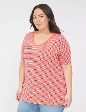 Orange Stripes Lane Bryant Perfect Sleeve V-Neck Tee Women T Shirts | WYP245SW