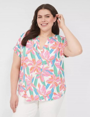 Pink Blue Lane Bryant Relaxed Gauze Notch-Neck Women Shirts | ETB657ZL