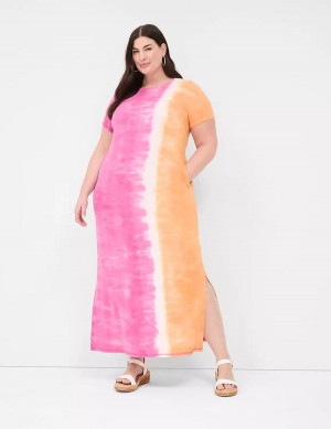 Pink Orange Lane Bryant Short-Sleeve Side-Slit Tie Dye Women Maxi Dress | ACB4580GD