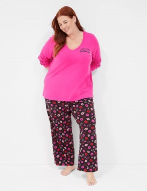 Purple Multicolor Lane Bryant Comfy Cotton V-Neck Tee & Block Pant PJ Set Women Pajamas | QIN1783AQ