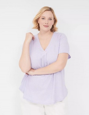 Purple Stripes Lane Bryant Short-Sleeve V-Neck Top Women T Shirts | KXR9996ZK