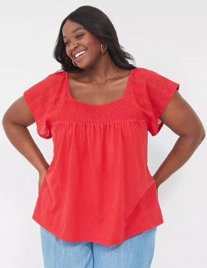 Red Lane Bryant Relaxed Eyelet-Sleeve Smocked-Neck Top Women T Shirts | MUK695LW