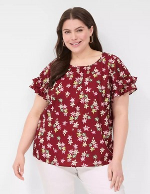 Red Multicolor Lane Bryant Flutter-Sleeve Crew-Neck Top Women T Shirts | WRM9869GW