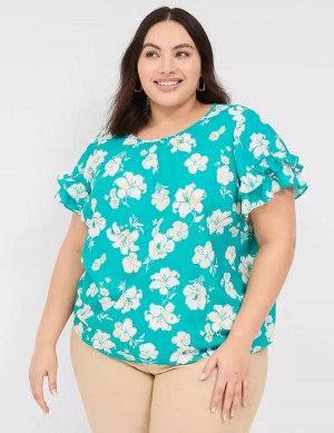 Turquoise Lane Bryant Flutter-Sleeve Crew-Neck Top Women T Shirts | IXX7327QE