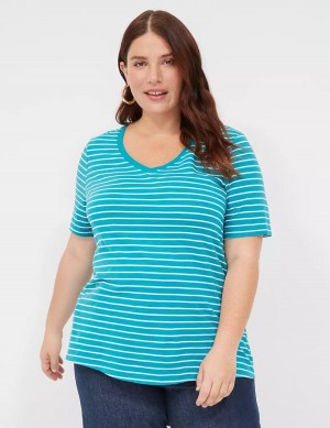 Turquoise Stripes Lane Bryant Perfect Sleeve V-Neck Tee Women T Shirts | ZIL7055LG