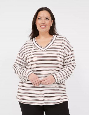 White Black Stripes Lane Bryant Lurex Blouson-Sleeve V-Neck Tunic Women T Shirts | ASM8567ZE