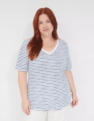 White Blue Lane Bryant Perfect Sleeve V-Neck Tee Women T Shirts | YLV6867TY