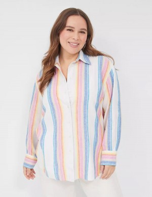 White Multicolor Stripes Lane Bryant Relaxed Linen Button-Down Women Shirts | DEZ6451YX