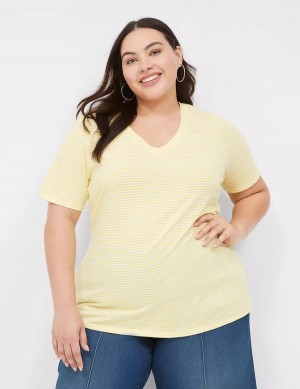 Yellow Stripes Lane Bryant Perfect Sleeve V-Neck Tee Women T Shirts | BCH6137OJ