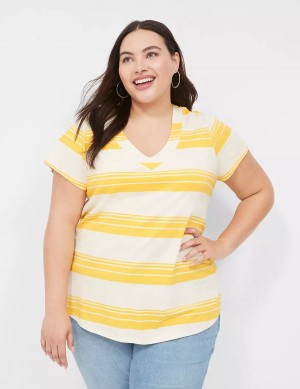 Yellow Stripes Lane Bryant Short Sleeve V-Neck Top Women T Shirts | ROS8264CF