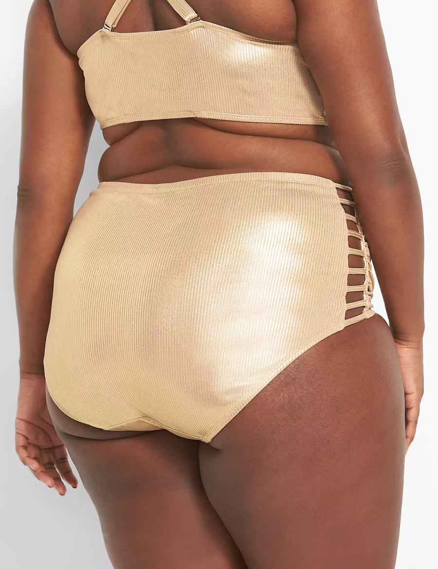 Beige Lane Bryant Ribbed Ruched Strappy-Side Swim Women Briefs | LFI7052EK