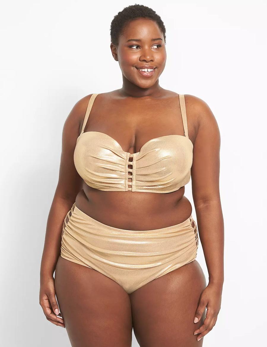 Beige Lane Bryant Ribbed Ruched Strappy-Side Swim Women Briefs | LFI7052EK