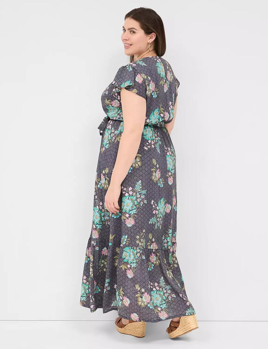 Black Green Lane Bryant Flutter-Sleeve Surplice-Neck Women Maxi Dress | XKJ2555NP