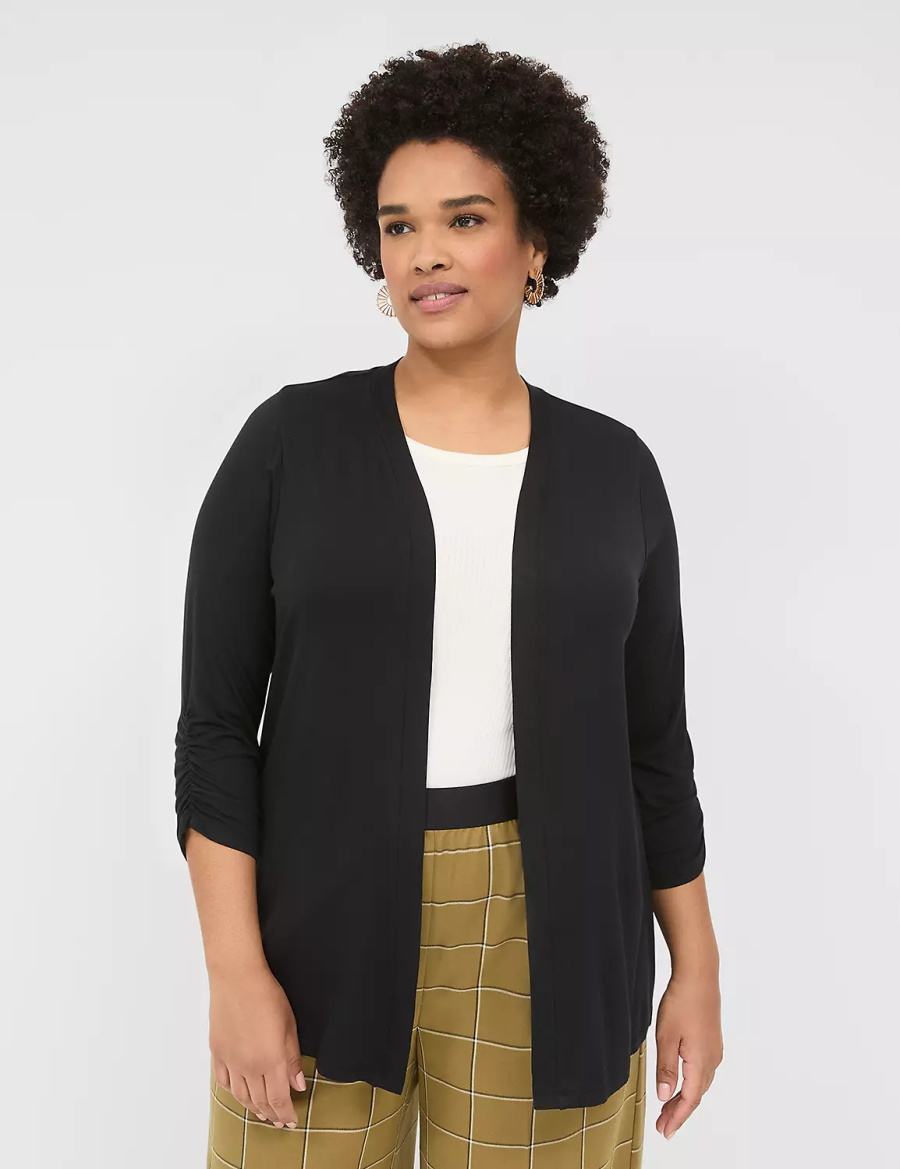 Black Lane Bryant 3/4 Ruched-Sleeve Open-Front Overpiece Women Robe | HEO5259RI