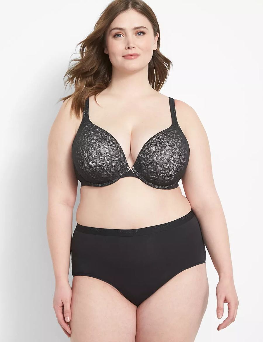 Black Lane Bryant Cotton Boost Plunge With Lace Women Bralettes | EPW5028ME