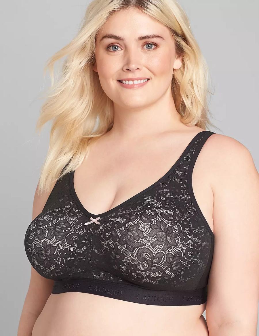 Black Lane Bryant Cotton No-Wire with Lace Women Unlined Bra | RUL682VV