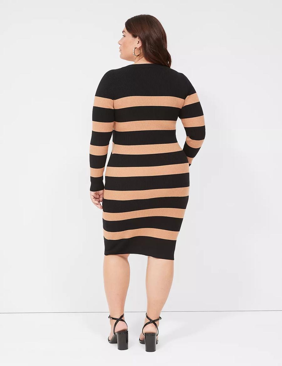 Black Lane Bryant Crew-Neck Stripe Sweater Women Knitted Dress | QPC8869WQ