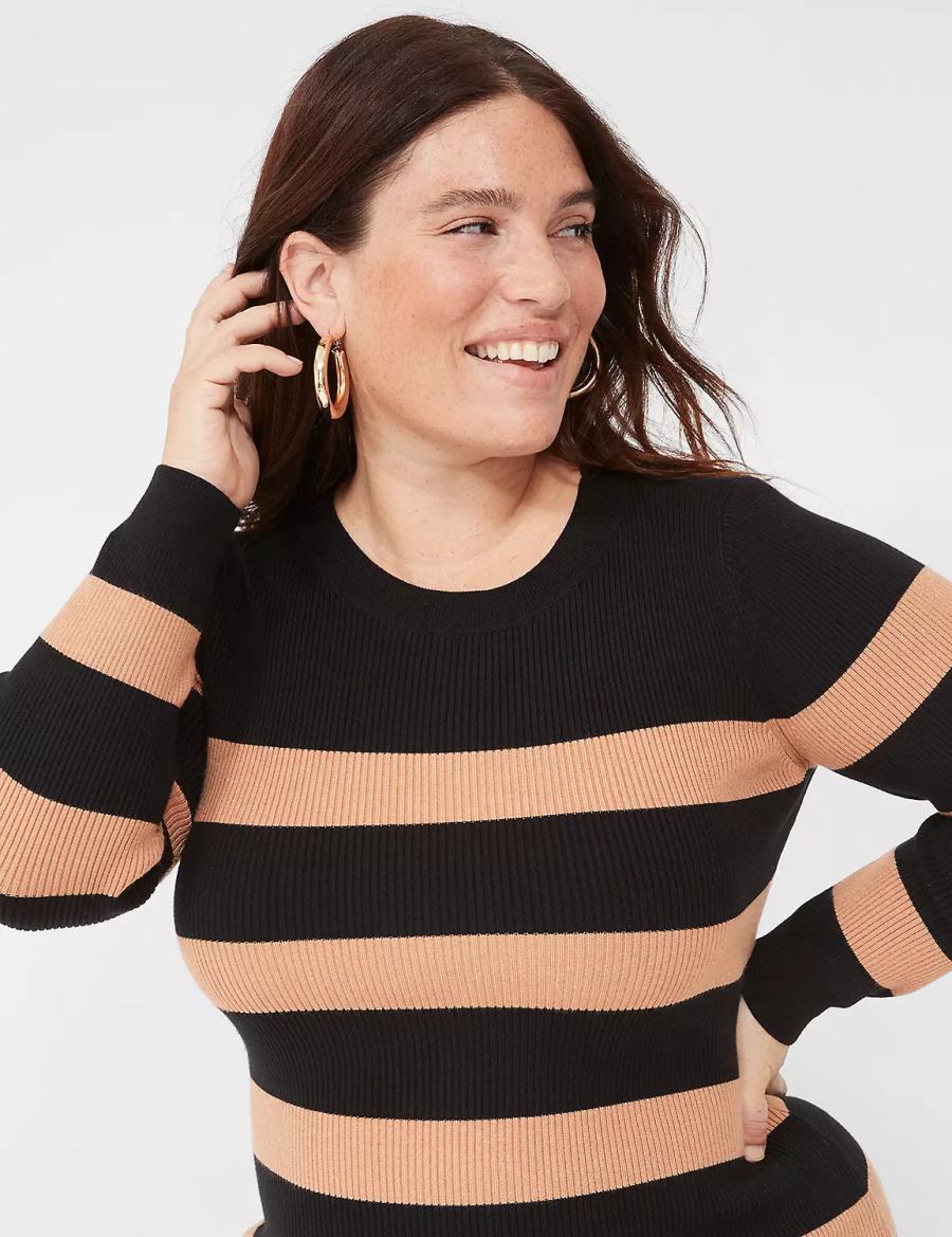 Black Lane Bryant Crew-Neck Stripe Sweater Women Knitted Dress | QPC8869WQ