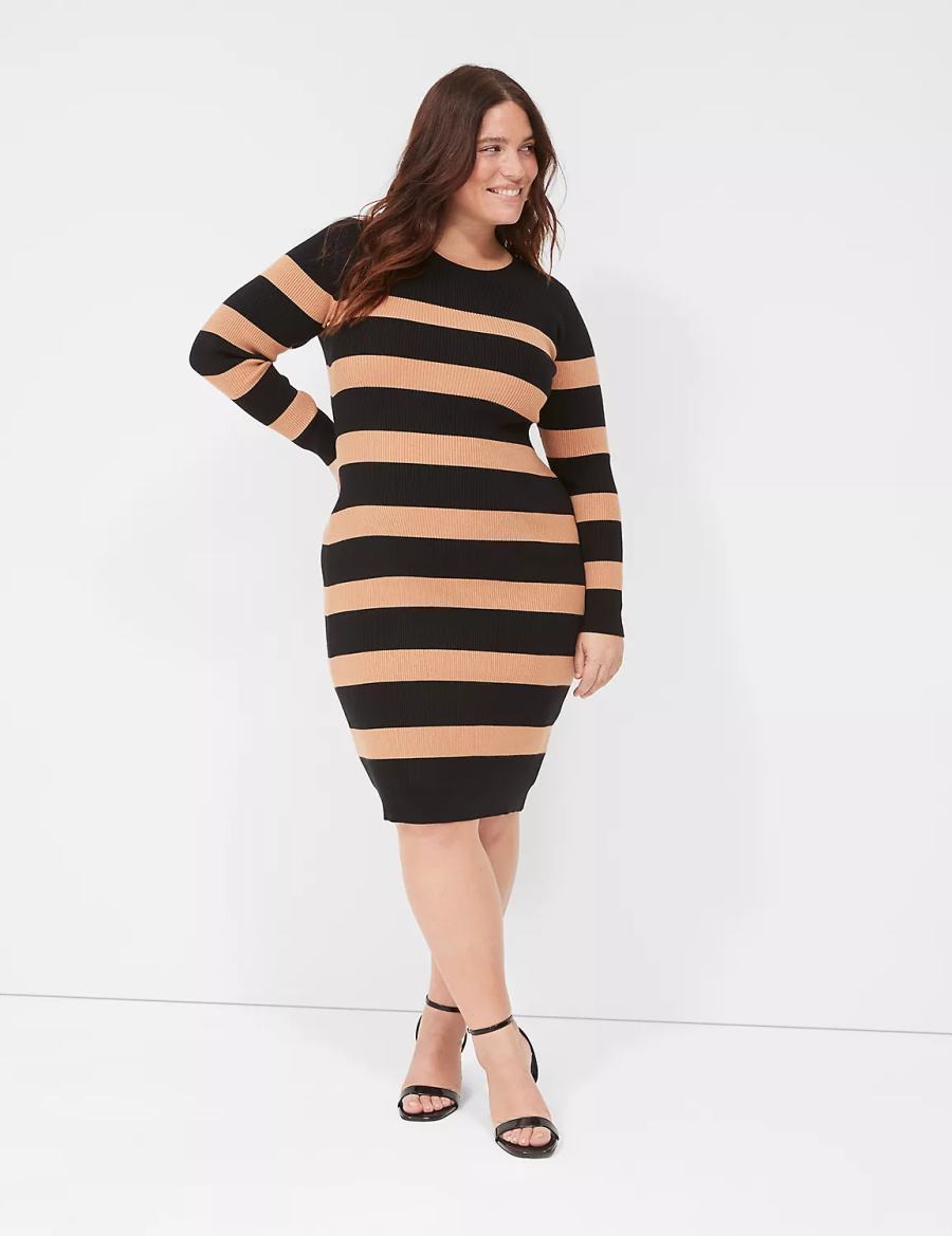 Black Lane Bryant Crew-Neck Stripe Sweater Women Knitted Dress | QPC8869WQ