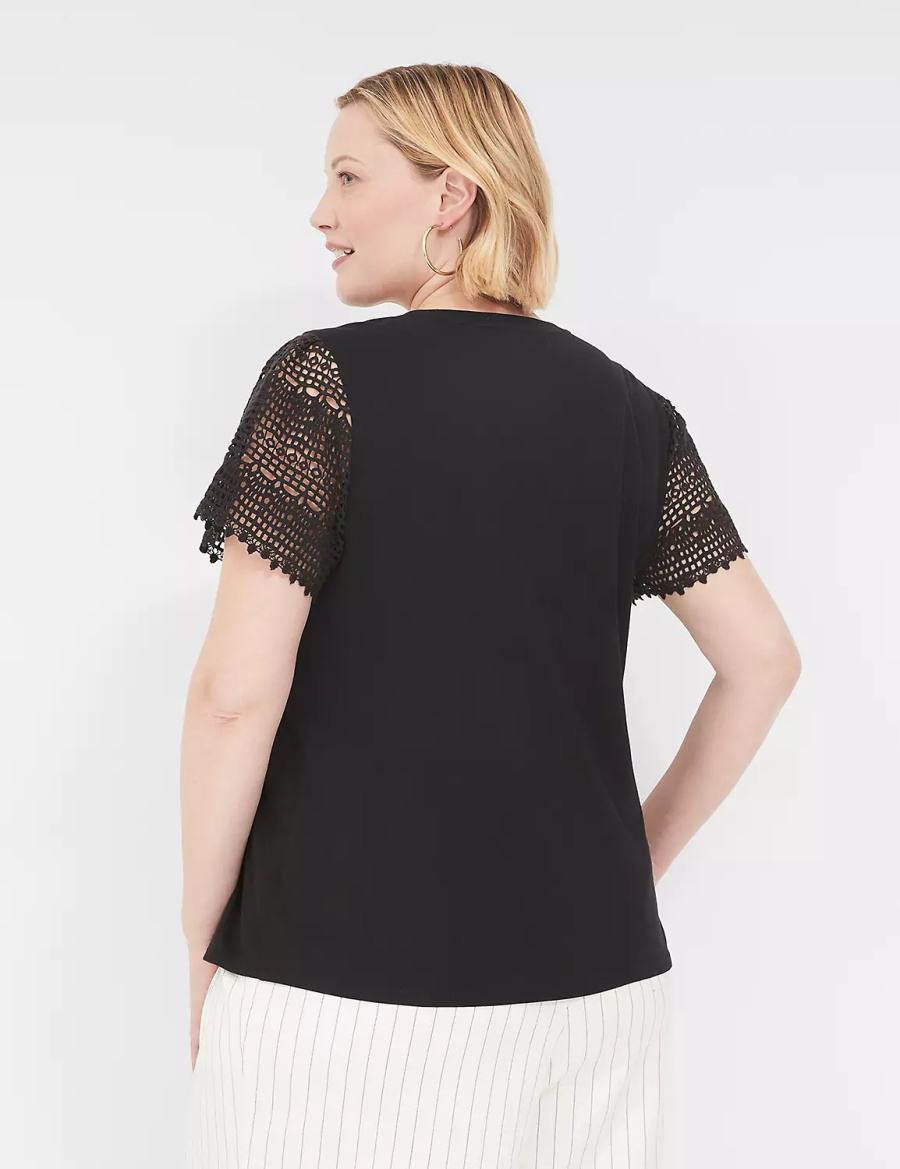 Black Lane Bryant Crochet-Sleeve Crew-Neck Tee Women T Shirts | XZZ1665RY