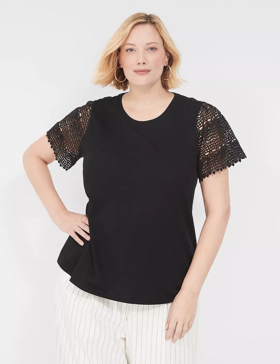 Black Lane Bryant Crochet-Sleeve Crew-Neck Tee Women T Shirts | XZZ1665RY