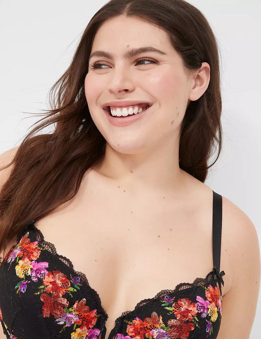 Black Lane Bryant Digital Print Lace Lightly Lined V-Wire Women Bralettes | SML8636SI