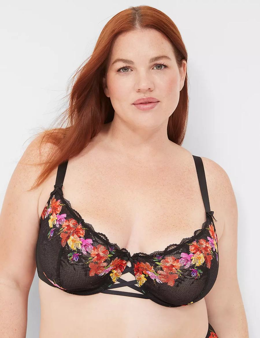 Black Lane Bryant Digital Print Lace Unlined Women Balconette Bra | BHP5824OC