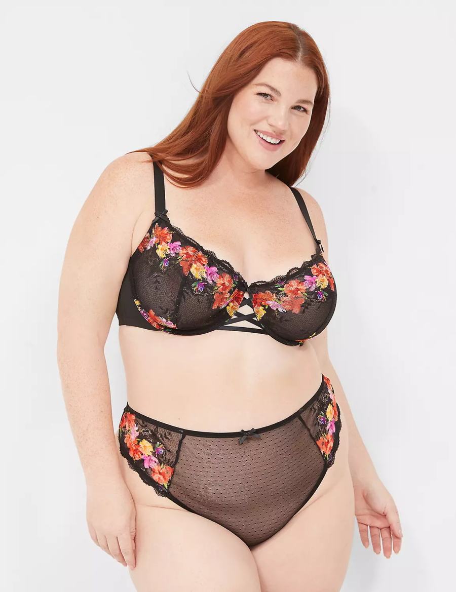 Black Lane Bryant Digital Print Lace Unlined Women Balconette Bra | BHP5824OC