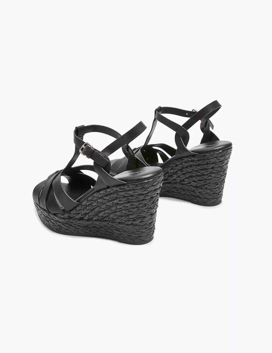 Black Lane Bryant Dream Cloud Faux-Leather T-Strap Espadrille Women Wedge Sandals | KTM5789HP