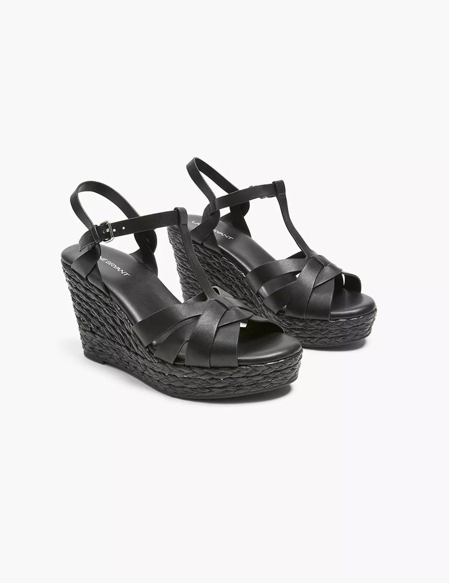 Black Lane Bryant Dream Cloud Faux-Leather T-Strap Espadrille Women Wedge Sandals | KTM5789HP