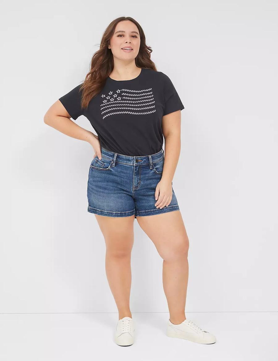 Black Lane Bryant Embroidered Flag Graphic Tee Women T Shirts | BMN2646BV