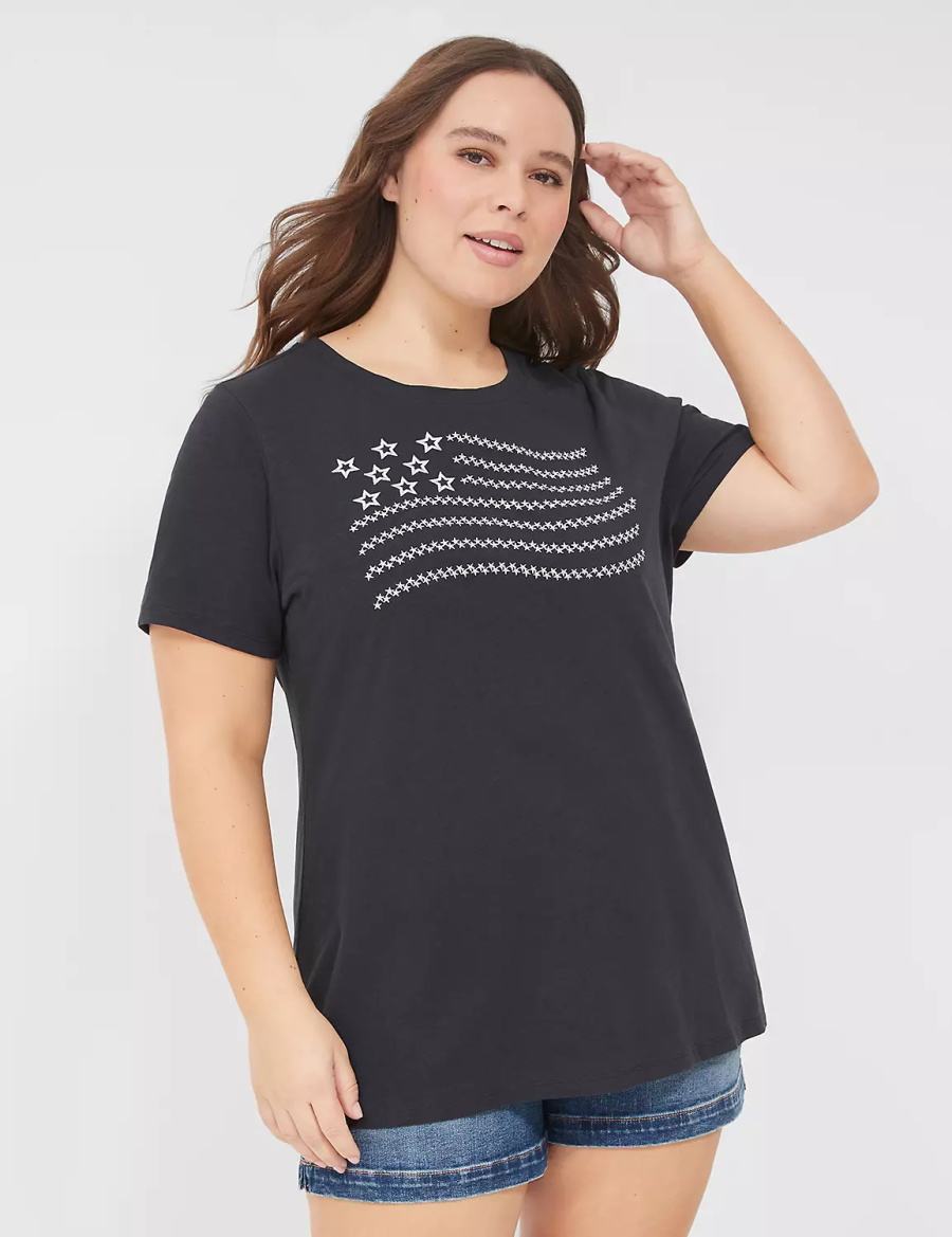 Black Lane Bryant Embroidered Flag Graphic Tee Women T Shirts | BMN2646BV