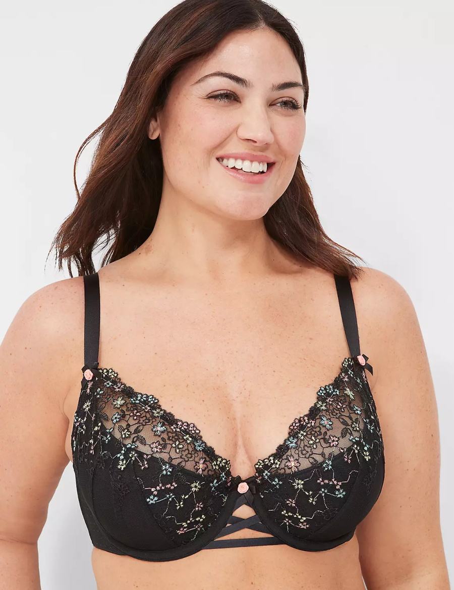 Black Lane Bryant Embroidered French Women Balconette Bra | OPC7978DH