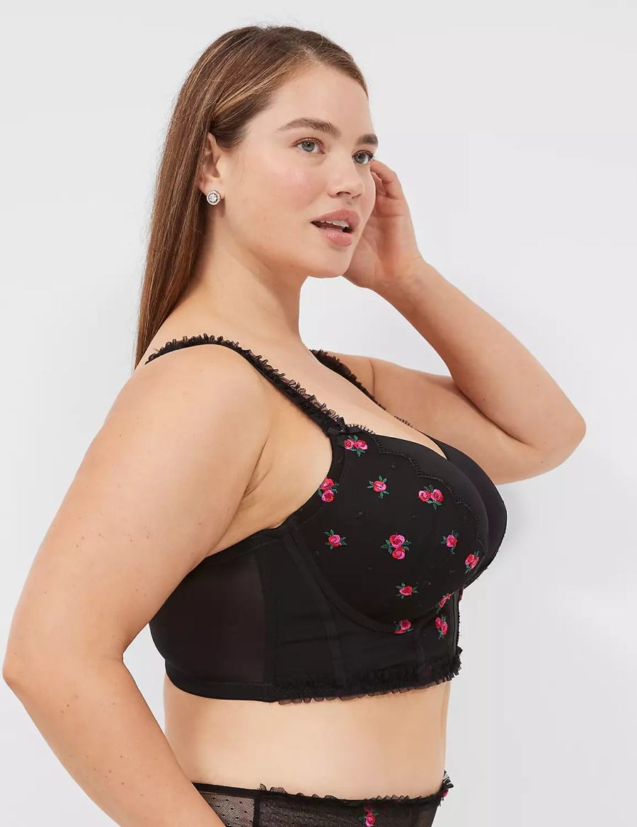 Black Lane Bryant Embroidered Ruffle-Trim Longline Boost Women Balconette Bra | RXZ219PX