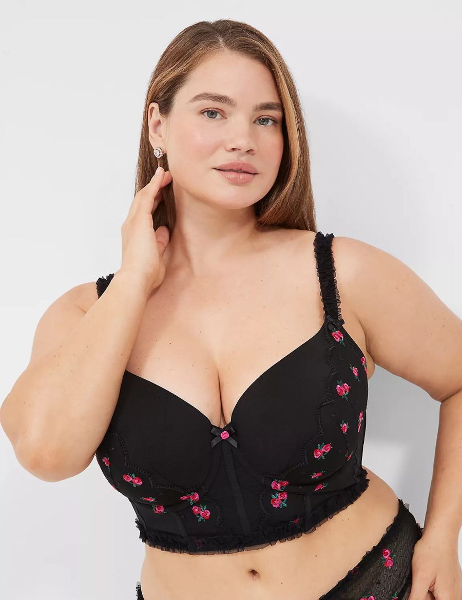 Black Lane Bryant Embroidered Ruffle-Trim Longline Boost Women Balconette Bra | RXZ219PX