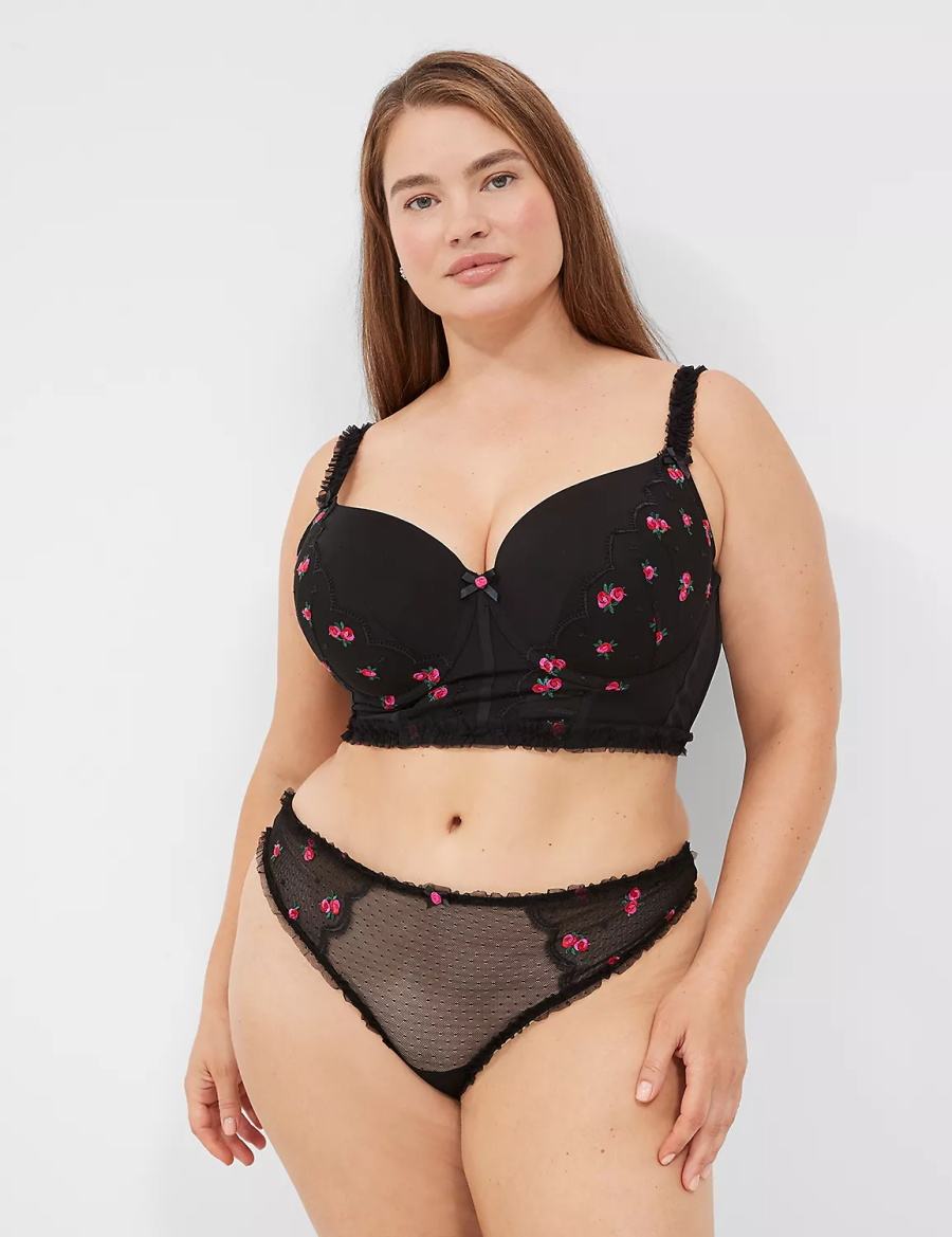 Black Lane Bryant Embroidered Ruffle-Trim Longline Boost Women Balconette Bra | RXZ219PX