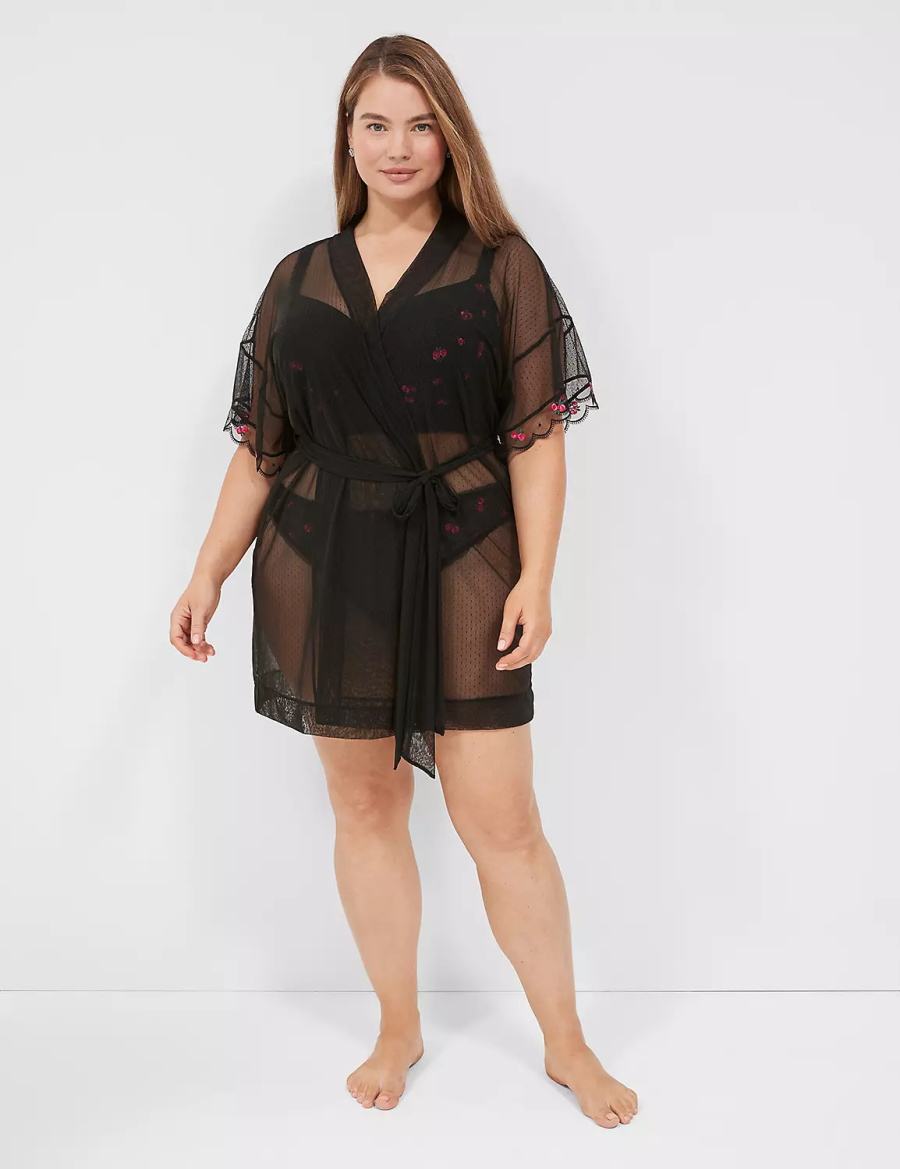 Black Lane Bryant Embroidered Trim Women Robe | IKV1796QZ