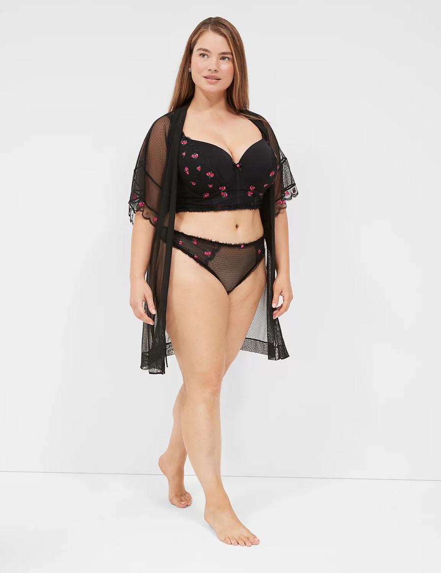 Black Lane Bryant Embroidered Trim Women Robe | IKV1796QZ