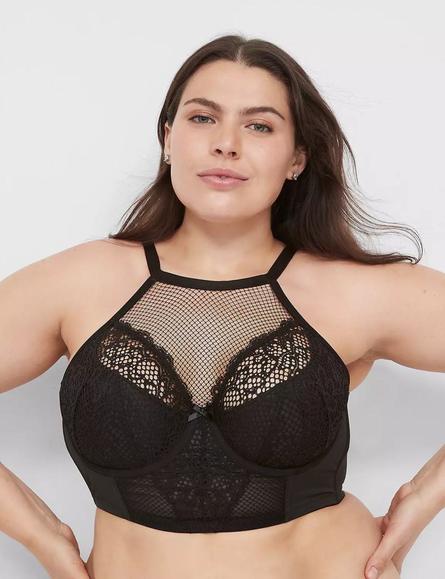 Black Lane Bryant Fishnet High-Neck French Women Balconette Bra | IPF9229AH