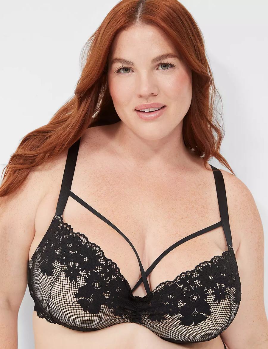 Black Lane Bryant Fishnet Lace Max Boost Plunge Women Bralettes | GOS8342VD