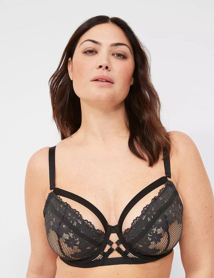 Black Lane Bryant Fishnet & Lace Unlined Women Balconette Bra | VJZ44CV