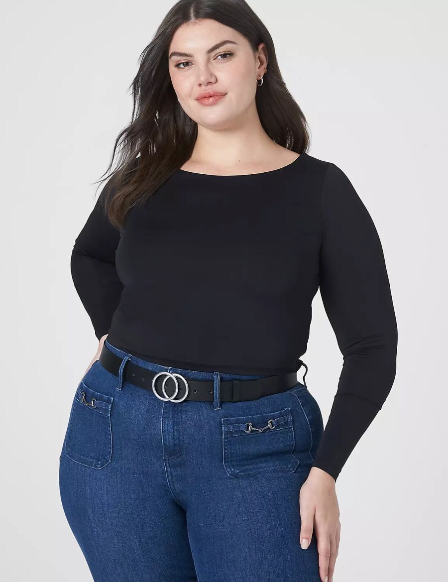 Black Lane Bryant Fitted Long-Sleeve Crop Tee Women T Shirts | EJD155MP