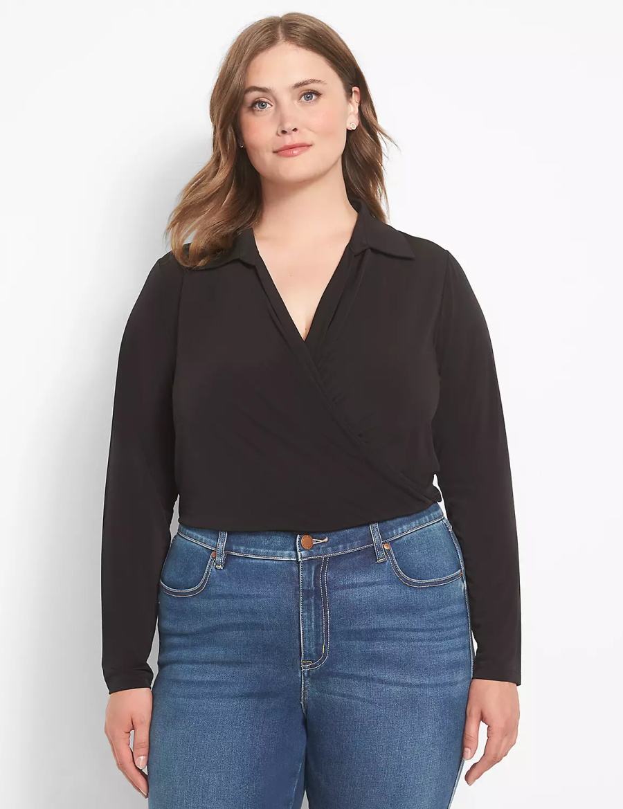 Black Lane Bryant Fitted Long-Sleeve Surplice Collar Crop Women Shirts | EGL284EM