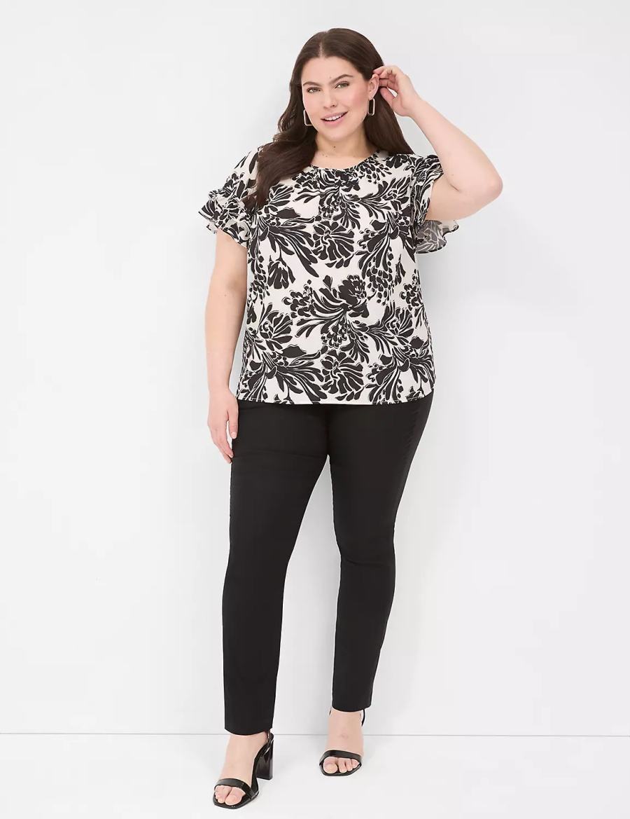 Black Lane Bryant Flutter-Sleeve Crew-Neck Top Women T Shirts | REX3948QB