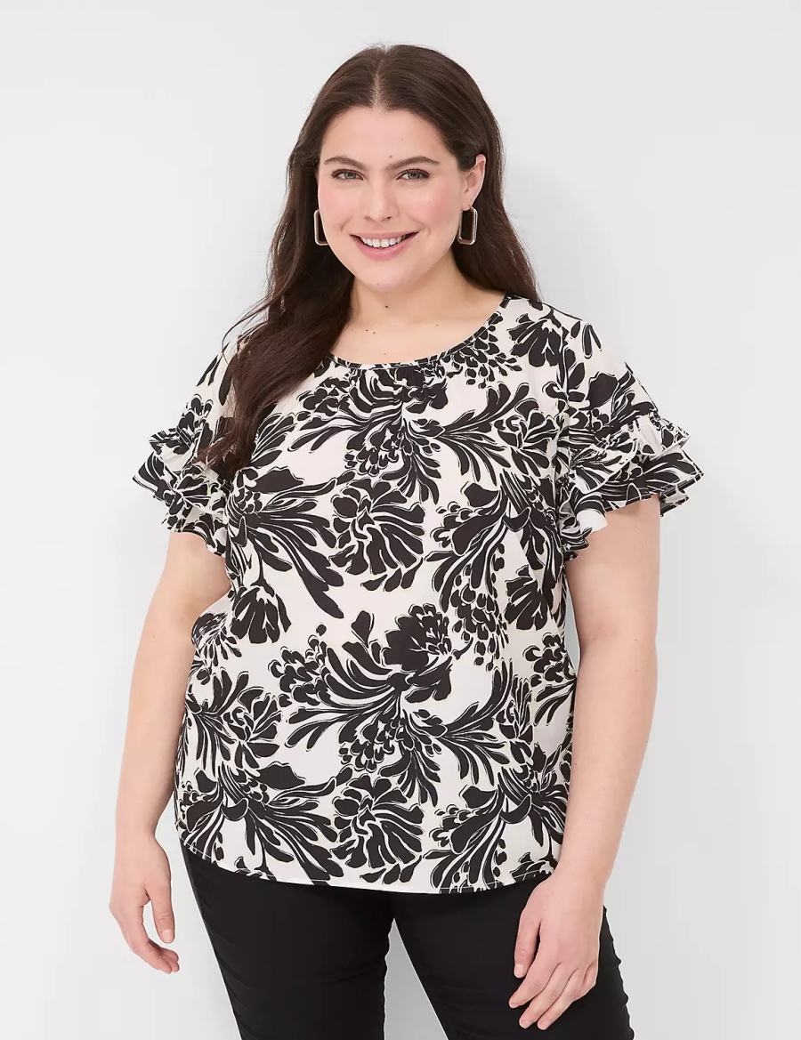 Black Lane Bryant Flutter-Sleeve Crew-Neck Top Women T Shirts | REX3948QB