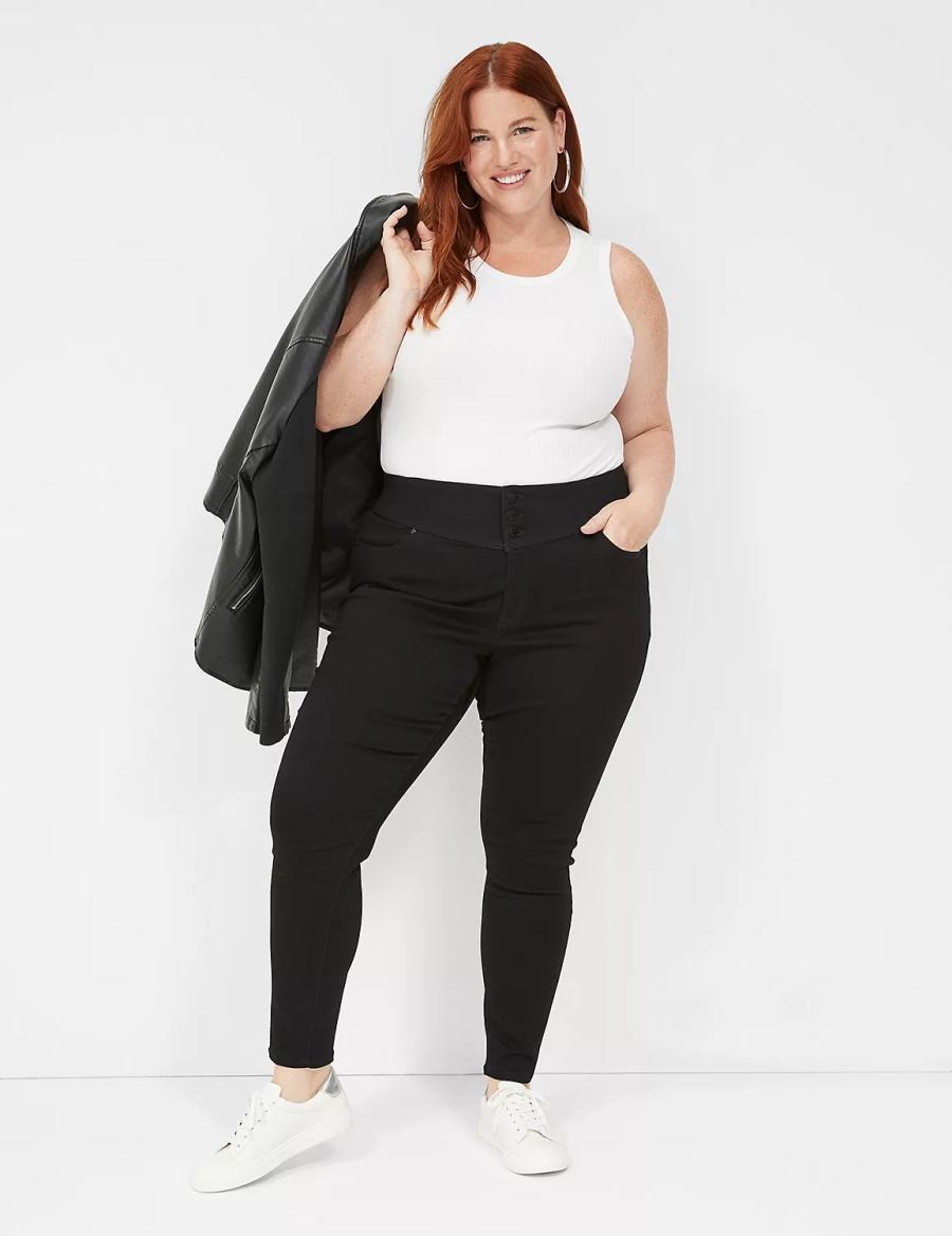 Black Lane Bryant High-Rise Sateen 3-Button Women Jeggings | KIC783AJ