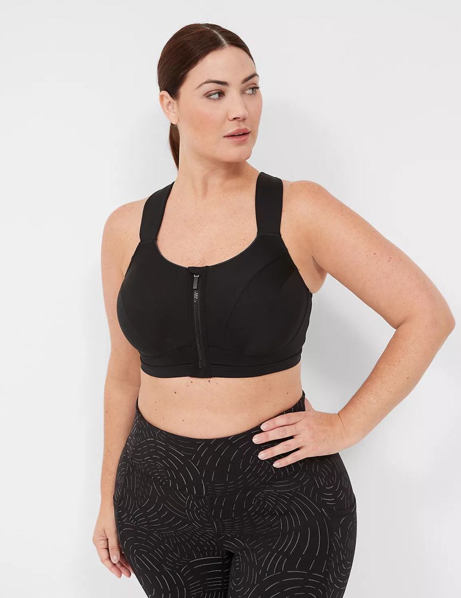 Black Lane Bryant LIVI Max Support Comfort Zip-Front Women Sports Bra | XGL9058WH