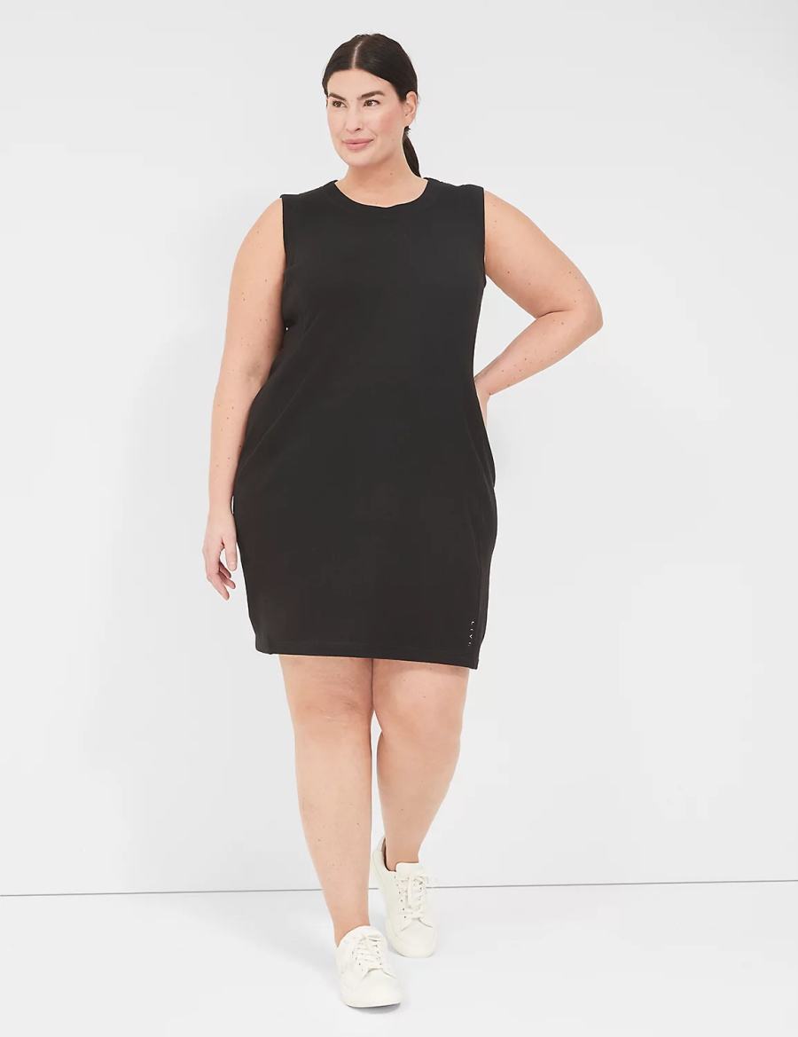 Black Lane Bryant LIVI Sleeveless Crew-Neck French Terry Women Casual Dress | YVX2855GA