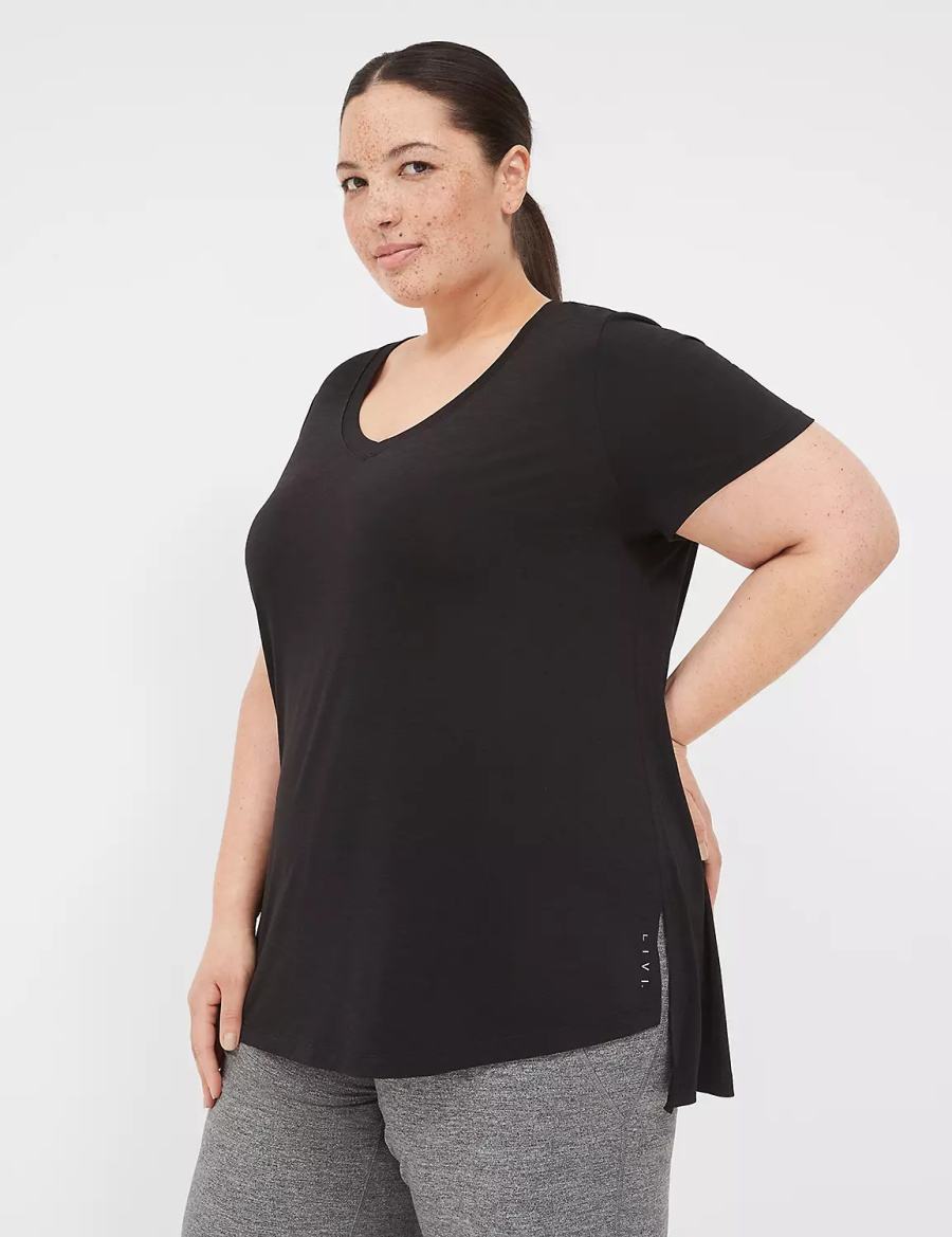 Black Lane Bryant LIVI V-Neck Ruched-Back Tee Women T Shirts | HCN1943ZG